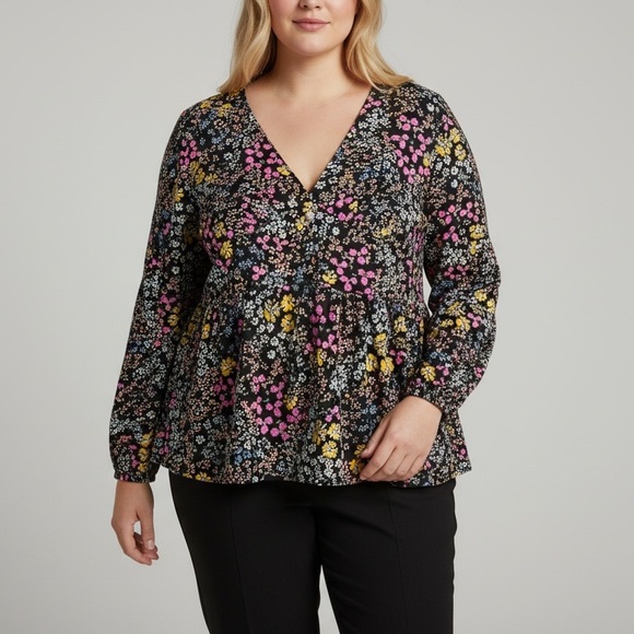 Shein Curve Floral Blouse Long‎ Sleeve V Neck Button Front 1XL - Picture 3 of 11